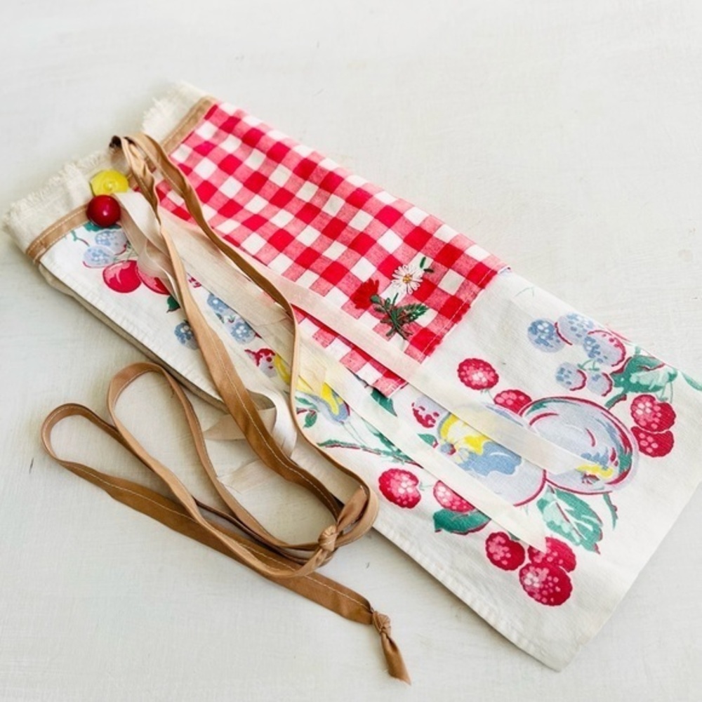 Vintage Linens Buttons Ribbon Half-Apron with Long Seam Binding Ties